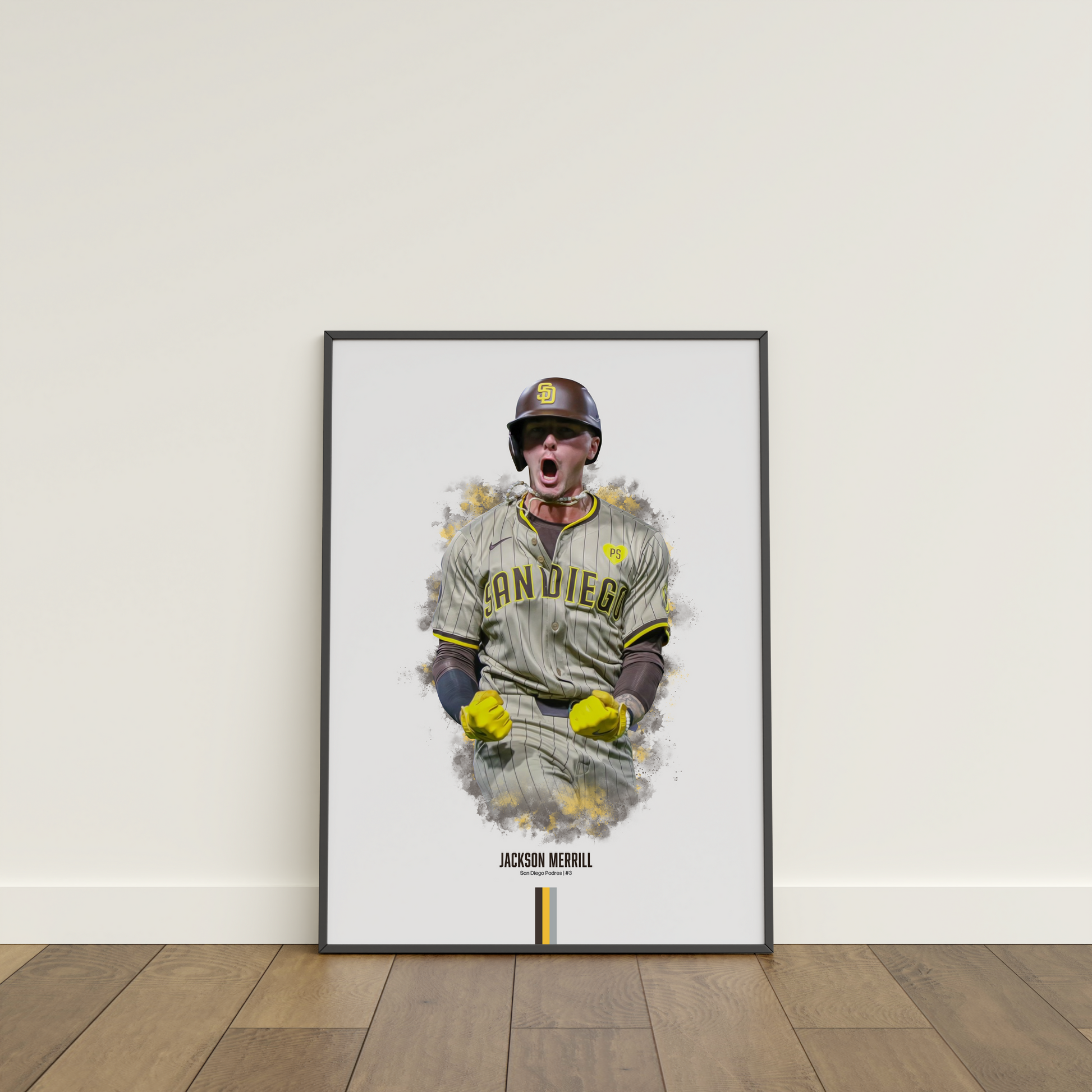 framed poster mockup of baseball player jackson merrill leaning on a white wall