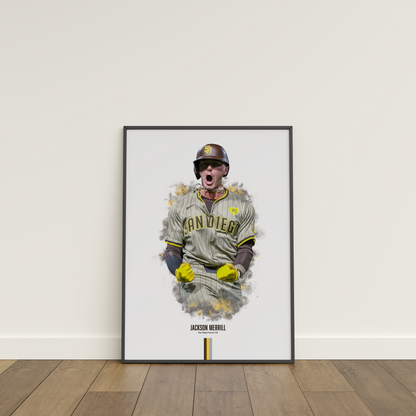 framed poster mockup of baseball player jackson merrill leaning on a white wall