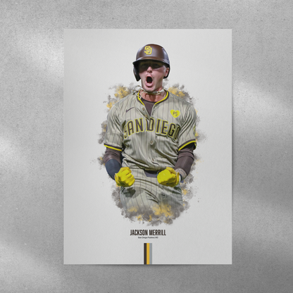 poster mockup of baseball player jackson merrill on a grey wall