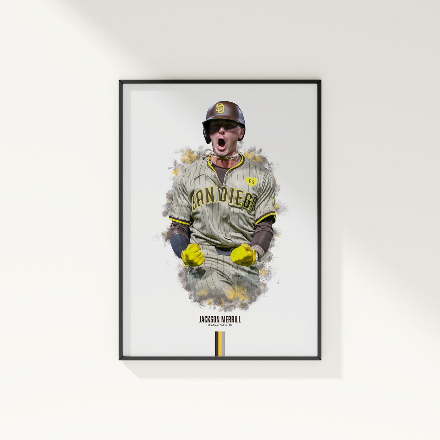 framed poster mockup of baseball player jackson merrill hanging on a white wall