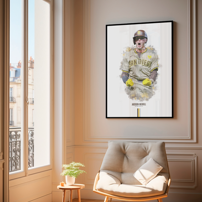 framed poster mockup of baseball player jackson merrill hanging in a living room