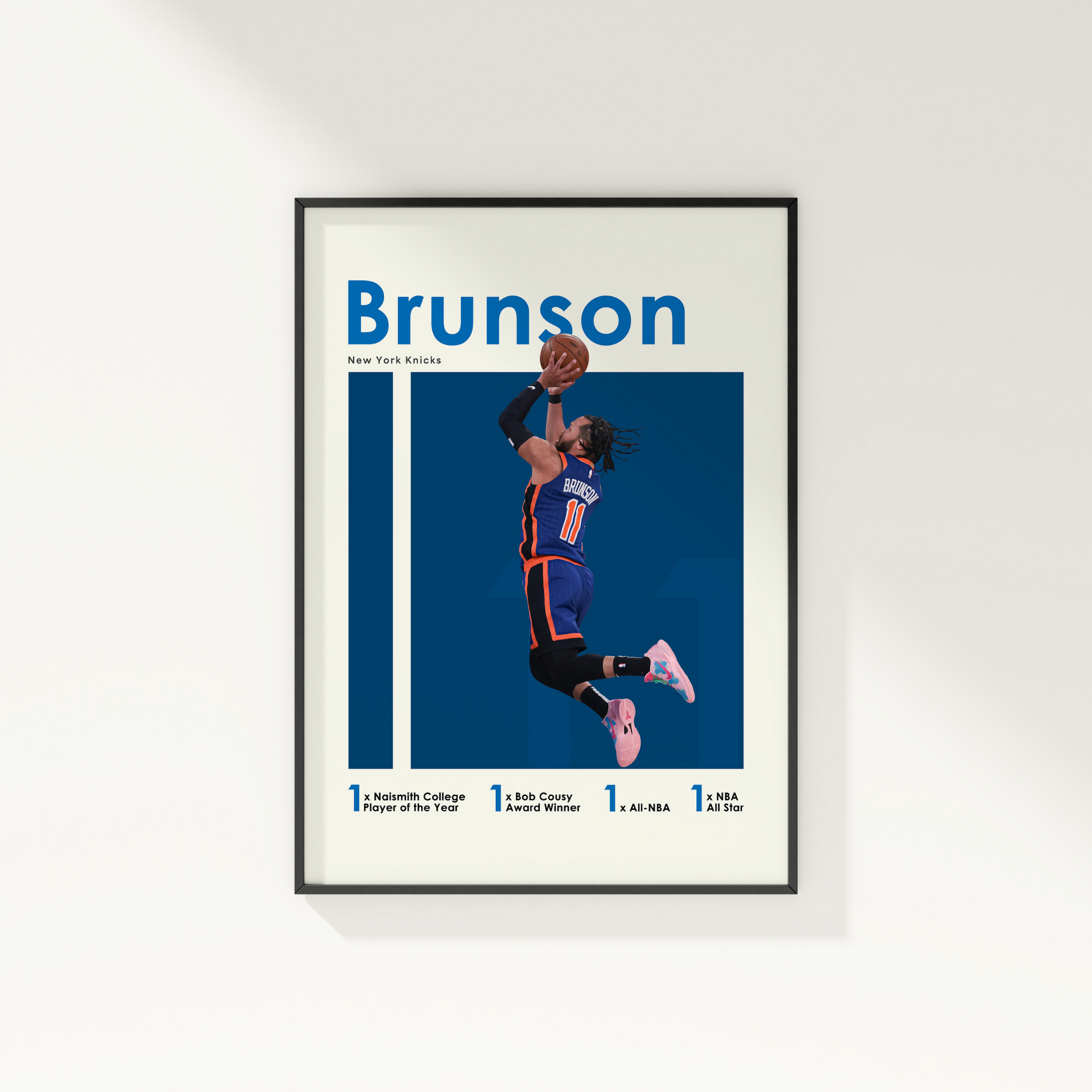 framed poster mockup of basketball player jalen brunson hanging on a white wall