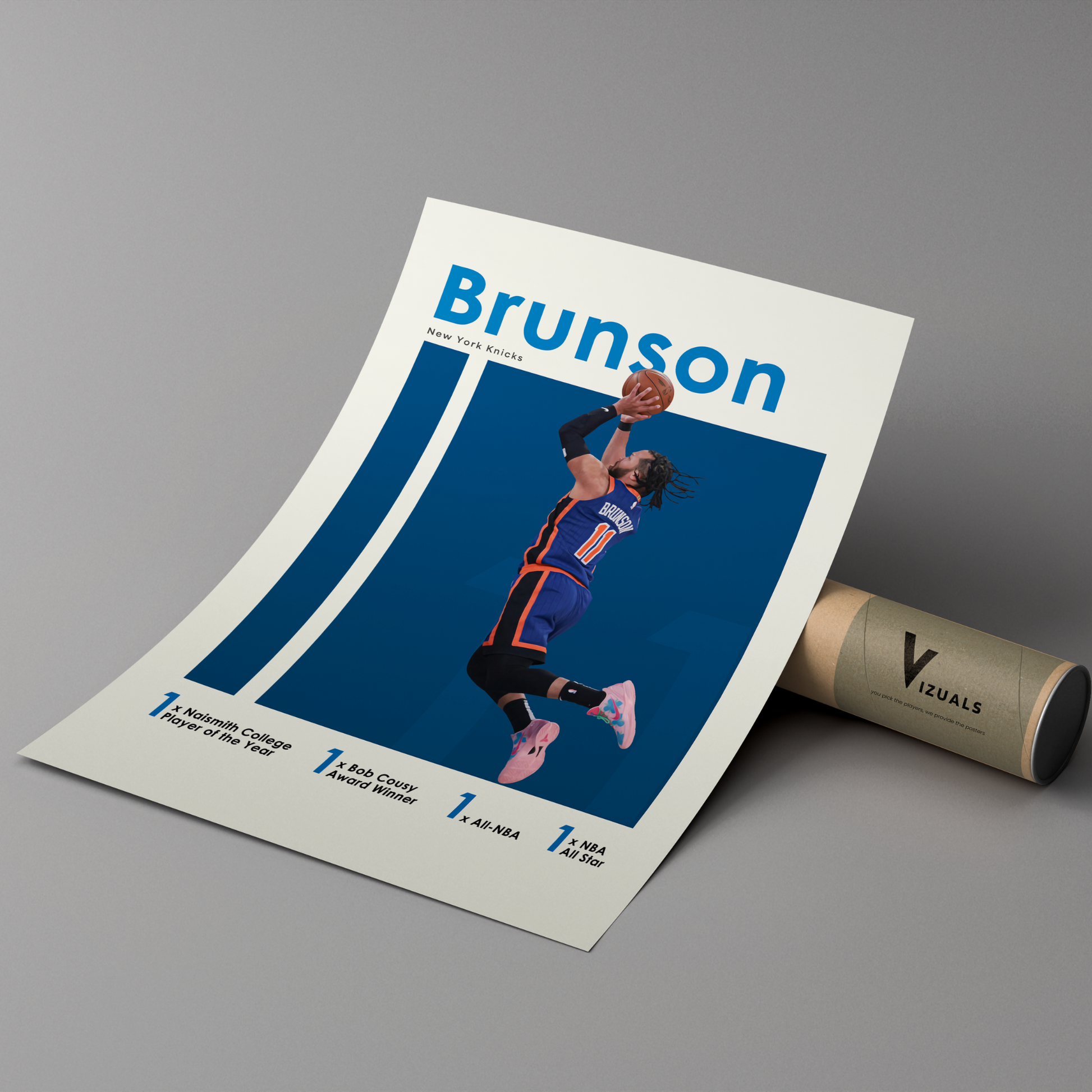 poster mockup of basketball player jalen brunson leaning on a cardboard tube