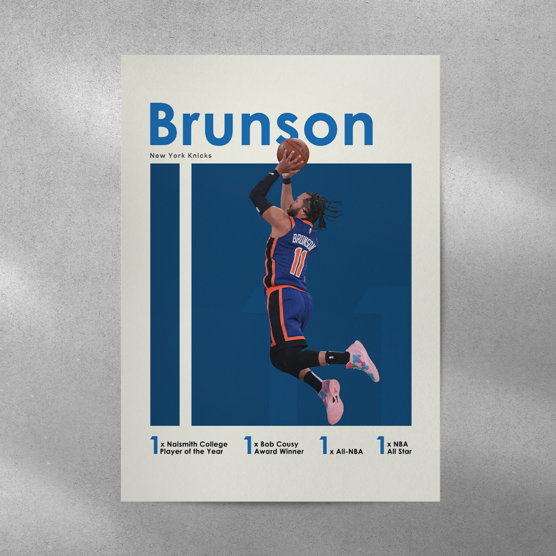 poster mockup of basketball player jalen brunson on a grey wall