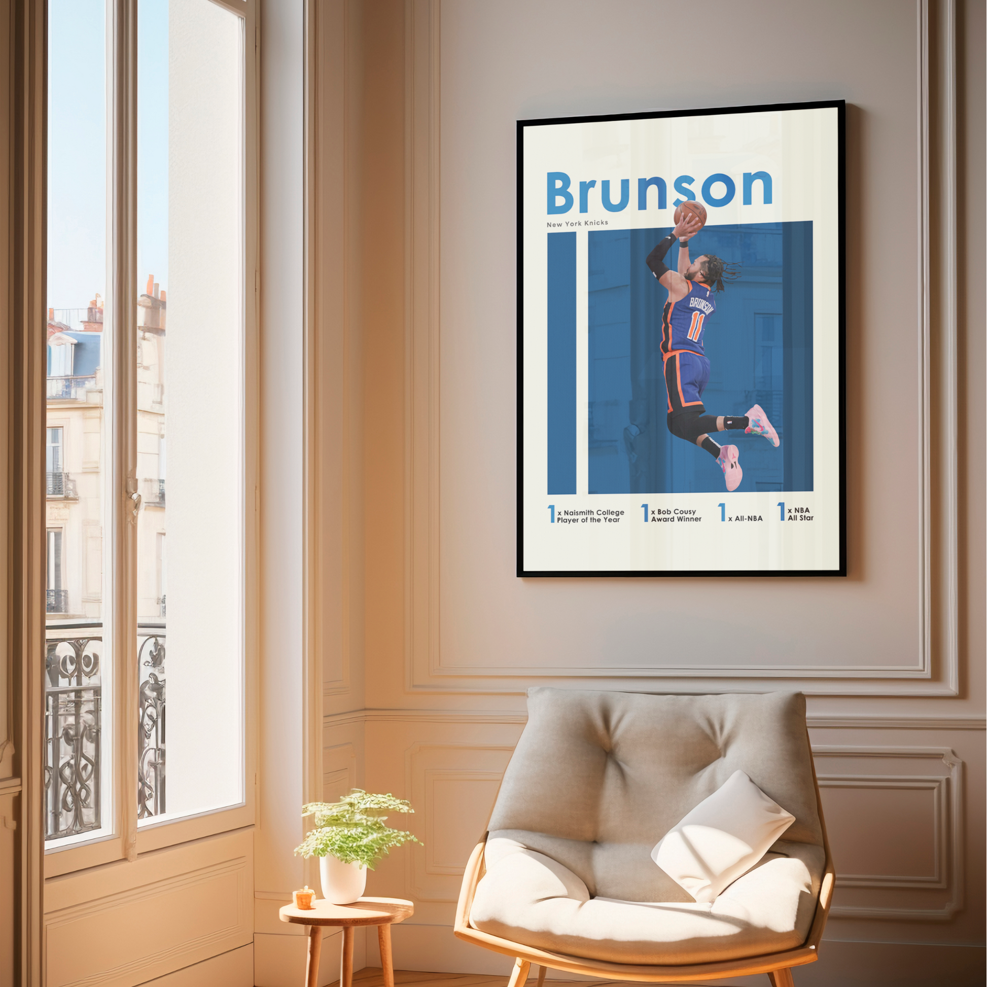 framed poster mockup of basketball player jalen brunson hanging in a living room