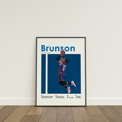 framed poster mockup of basketball player jalen brunson leaning on a white wall