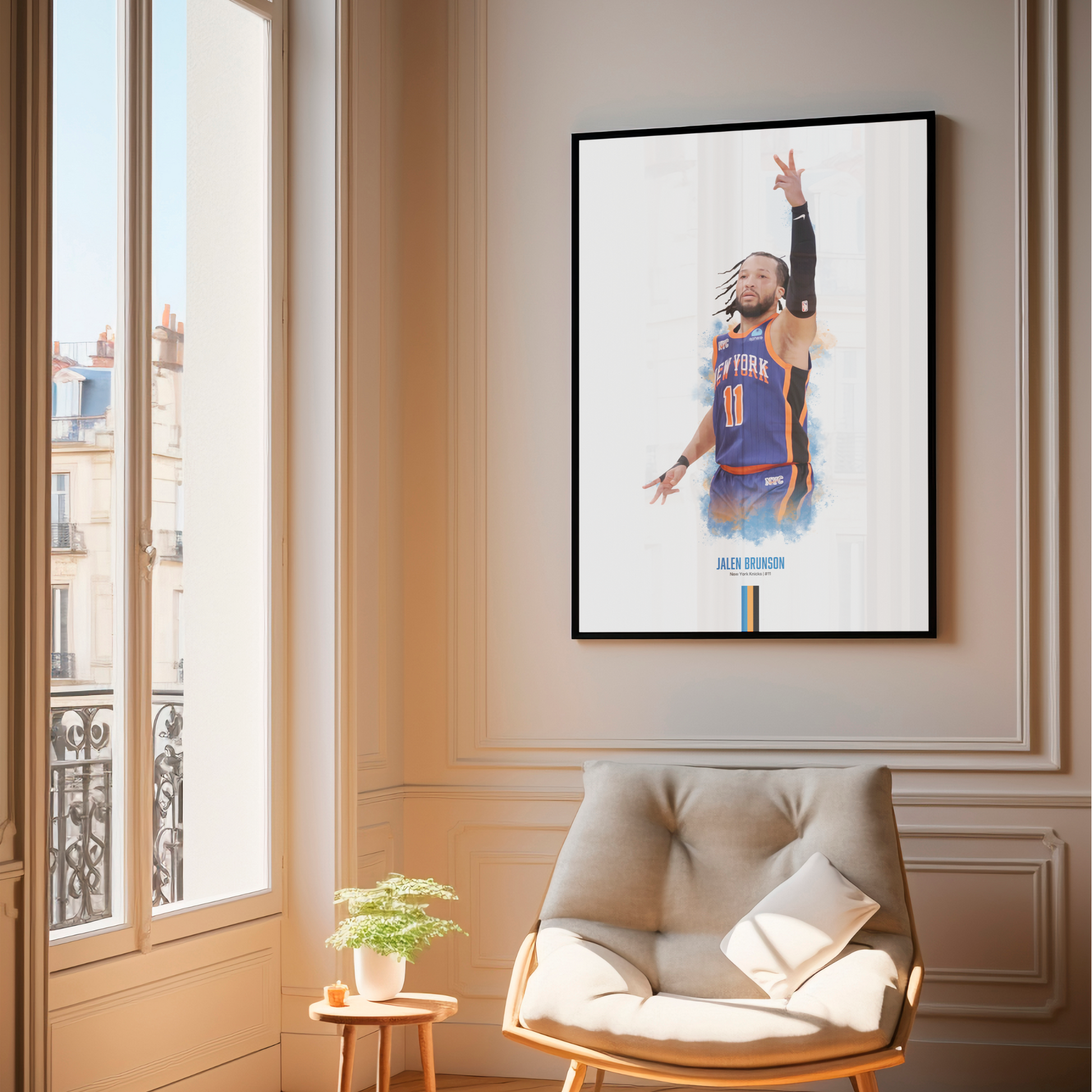 framed poster mockup of basketball player jalen brunson hanging in a living room