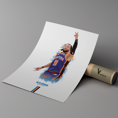 poster mockup of basketball player jalen brunson leaning on a cardboard tube