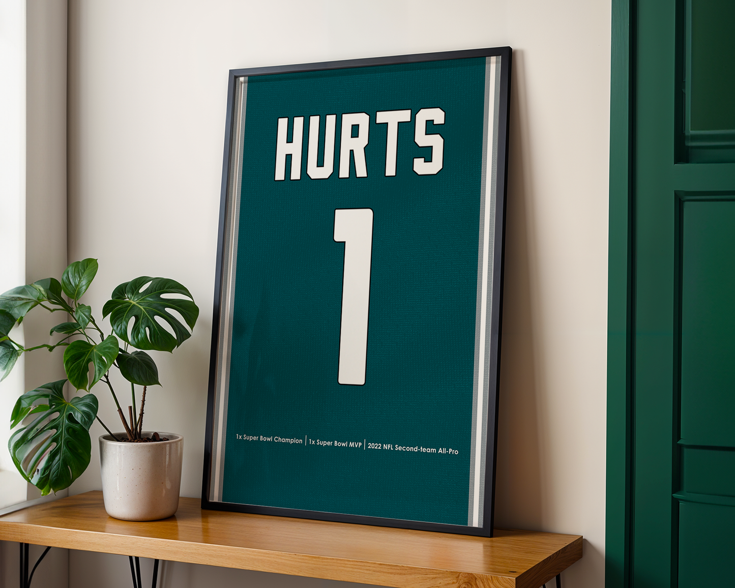 Framed poster with 'HURTS' and number '1' on a wooden shelf with a plant.