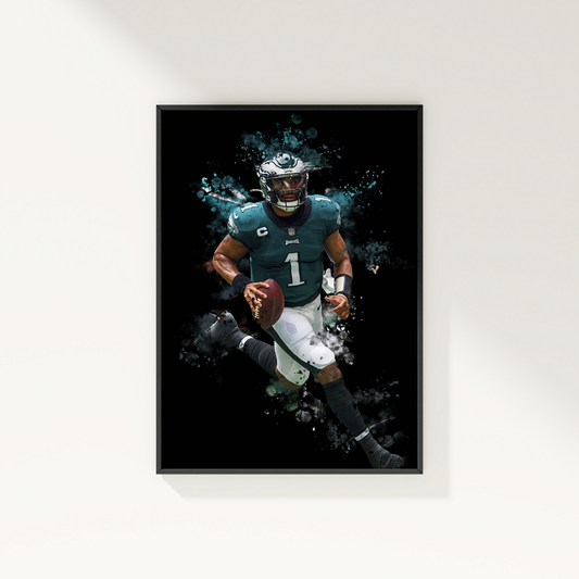 framed poster mockup of football player jalen hurts hanging on a white wall