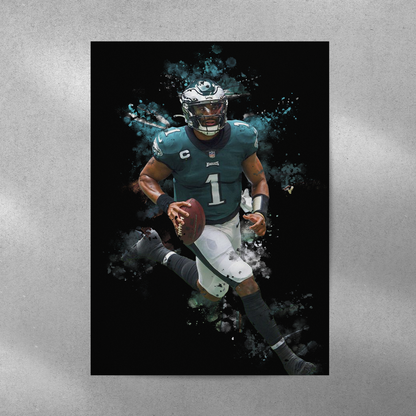 poster mockup of football player jalen hurts on a grey wall