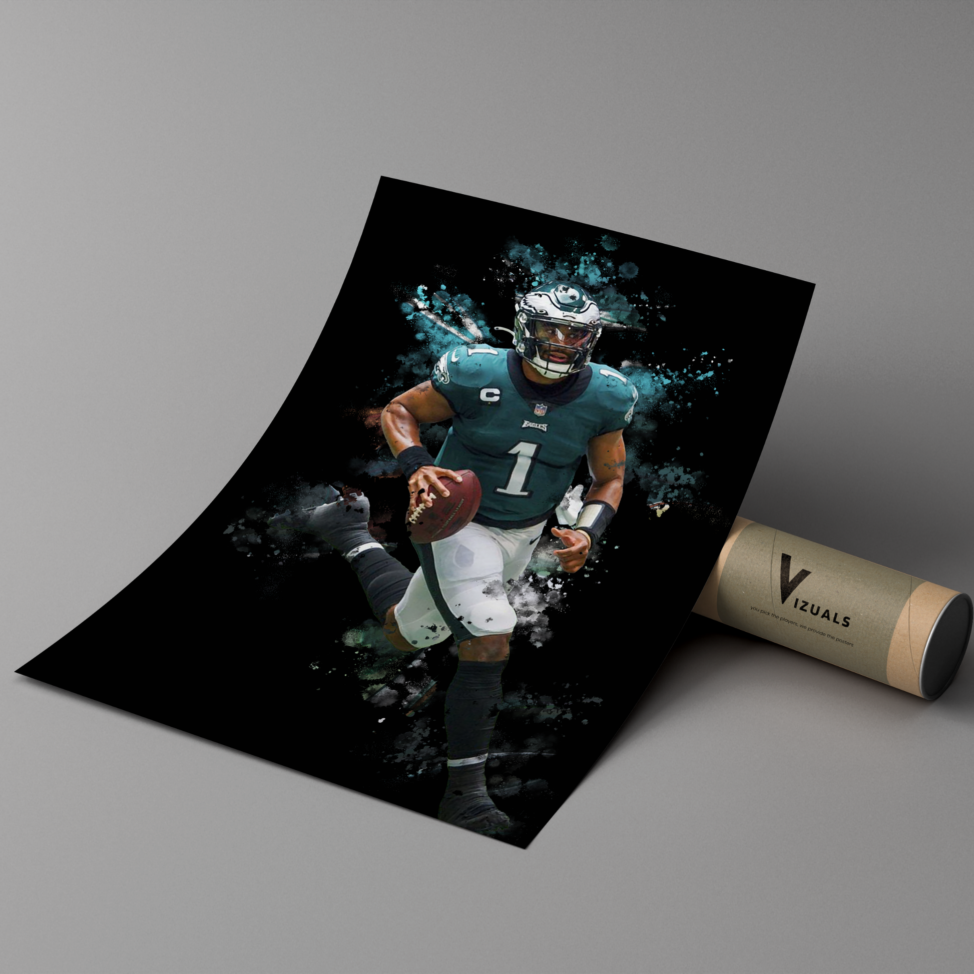 poster mockup of football player jalen hurts leaning on a cardboard tube