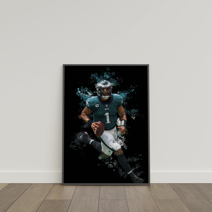 framed poster mockup of football player jalen hurts leaning on a white wall