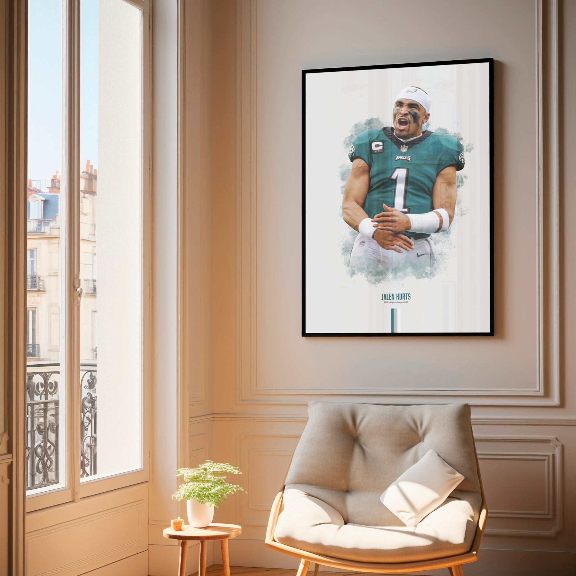 framed poster mockup of football player jalen hurts hanging in a living room