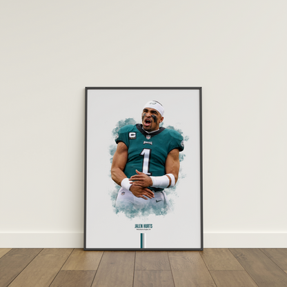 framed poster mockup of football player jalen hurts leaning on a white wall