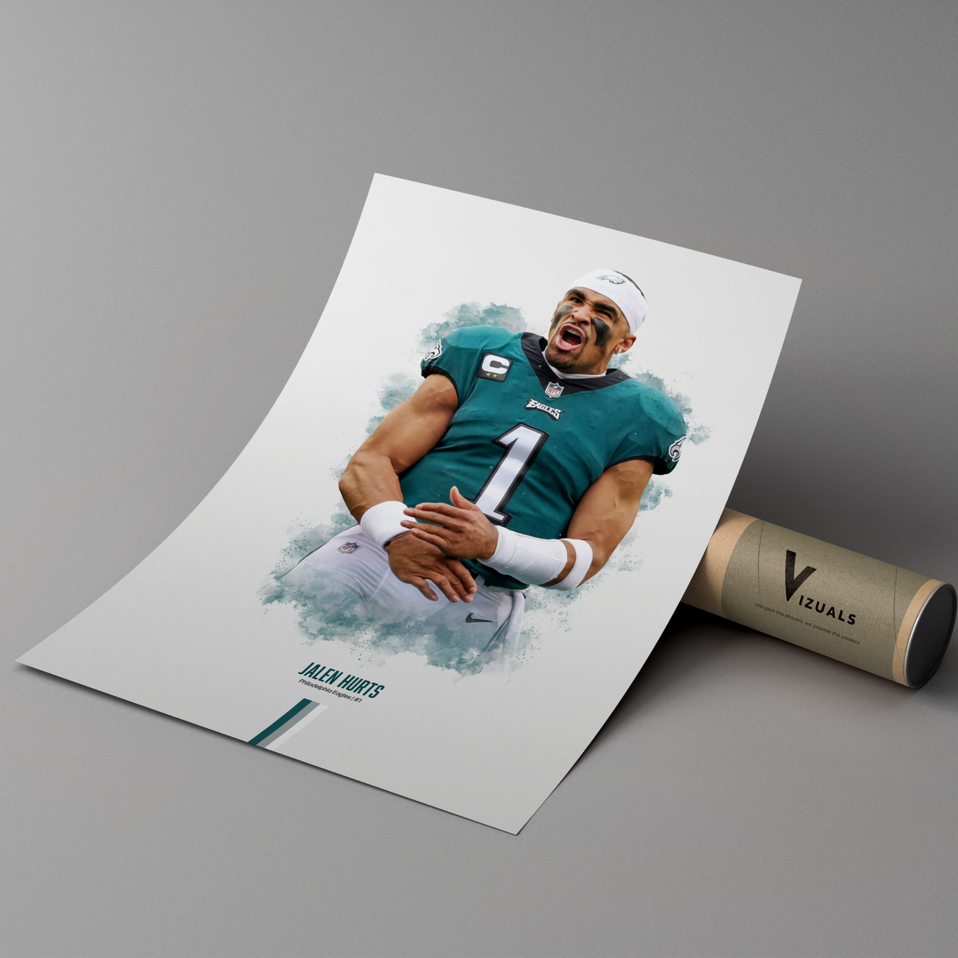 poster mockup of football player jalen hurts leaning on a cardboard tube