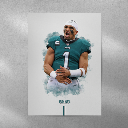 poster mockup of football player jalen hurts on a grey wall