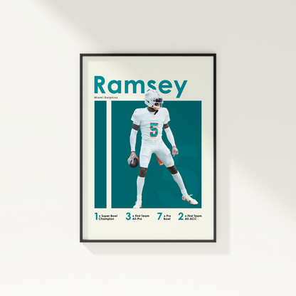 framed poster mockup of football player jalen ramsey hanging on a white wall