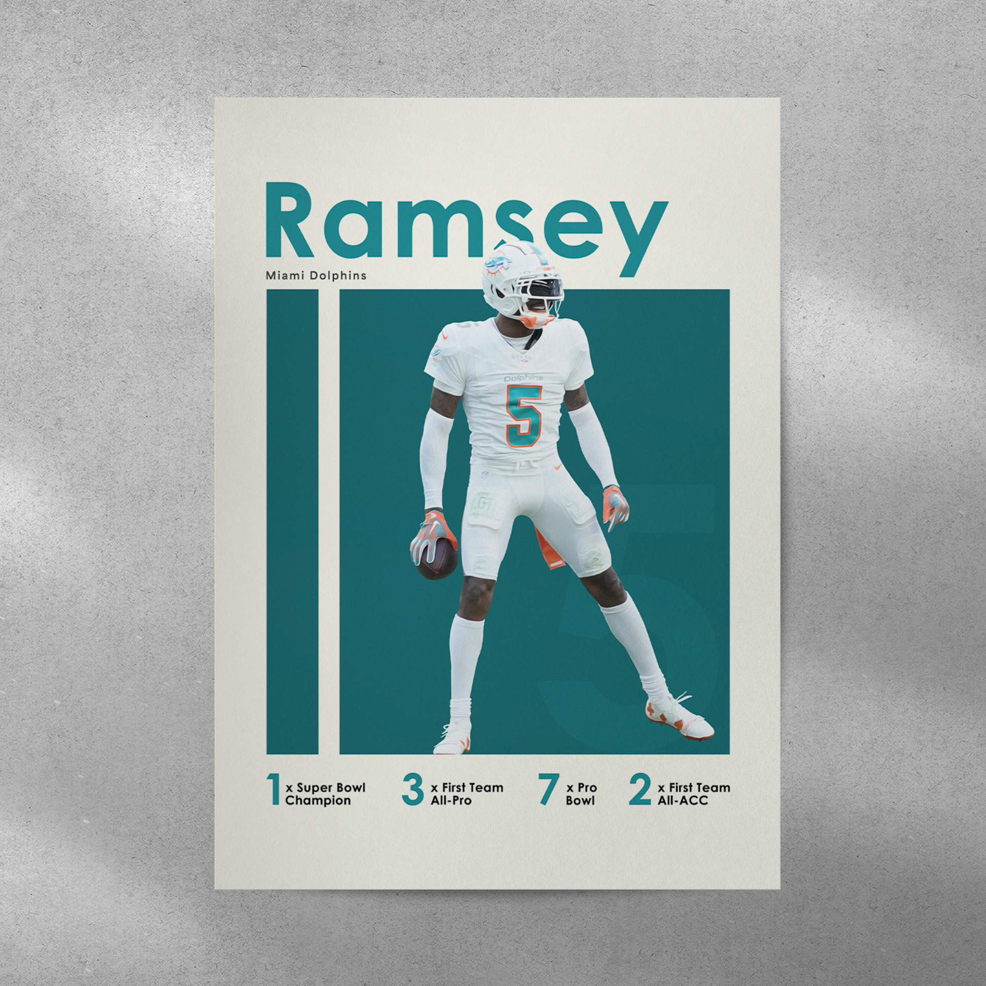 poster mockup of football player jalen ramsey on a grey wall