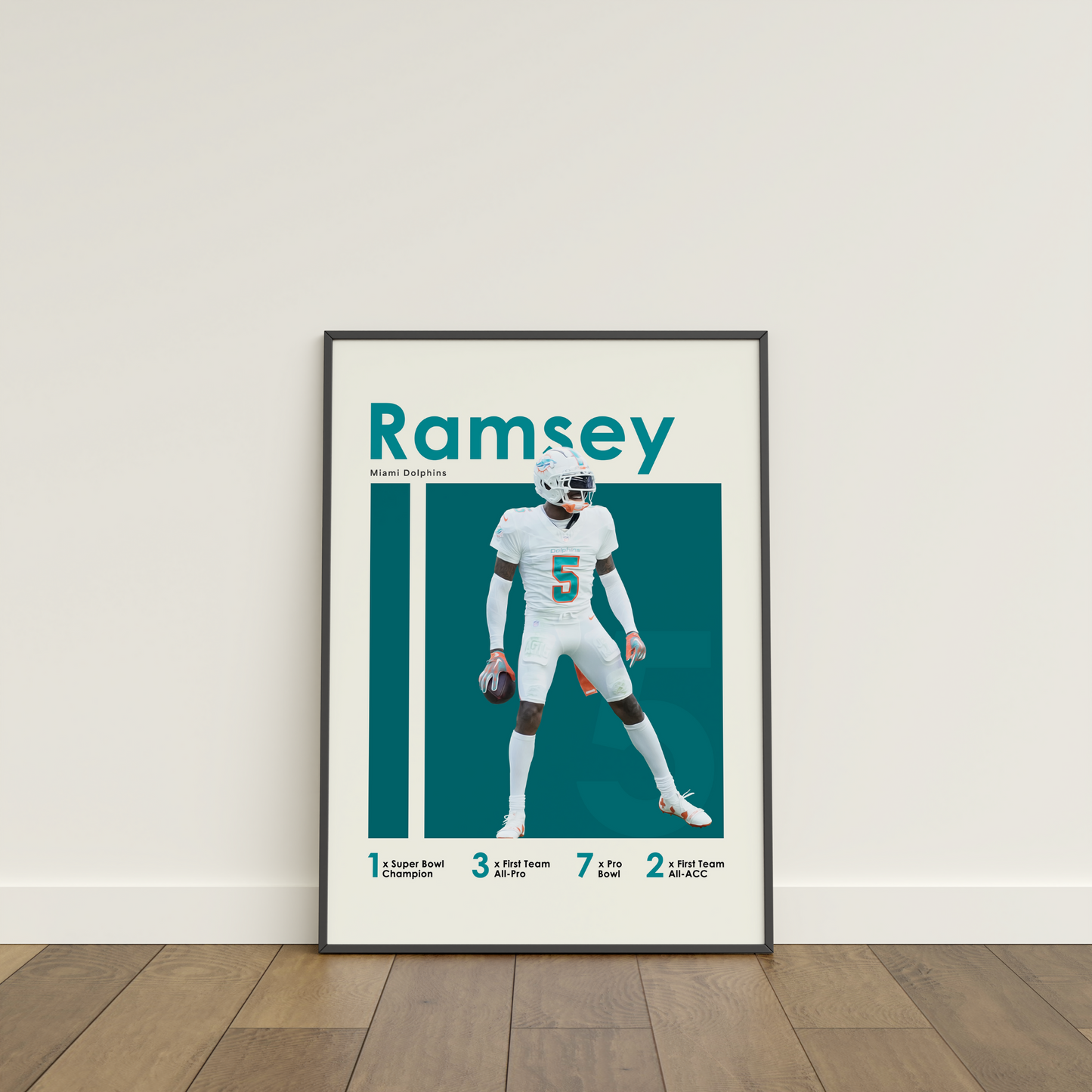 framed poster mockup of football player jalen ramsey leaning on a white wall