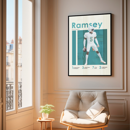 framed poster mockup of football player jalen ramsey hanging in a living room