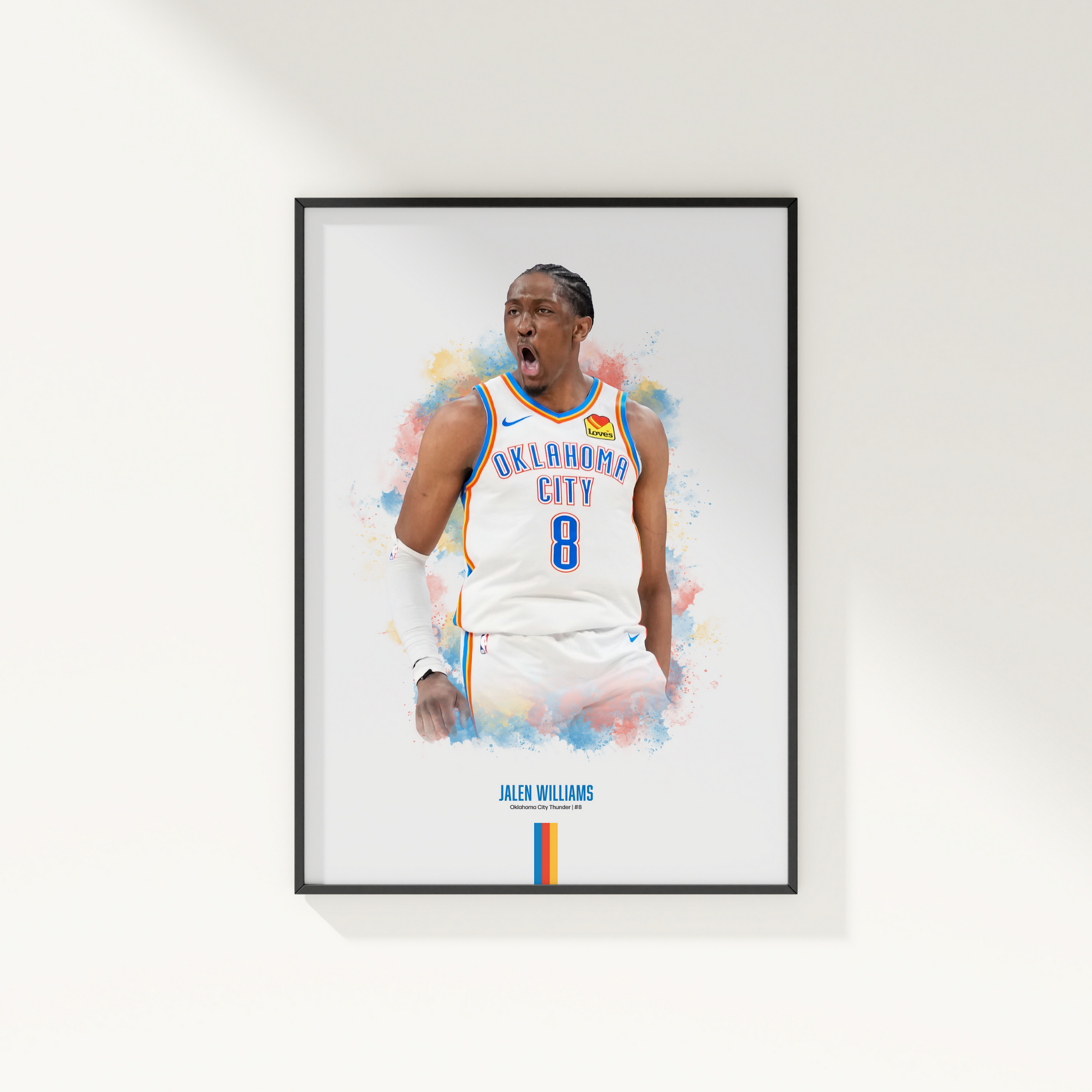 Framed poster of basketball player Jalen Williams wearing a Thunder jersey on a white wall.