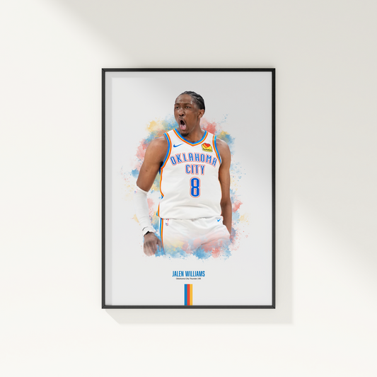 Framed poster of basketball player Jalen Williams wearing a Thunder jersey on a white wall.