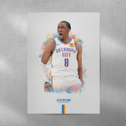 Poster of basketball player Jalen Williams wearing a Thunder jersey on a gray background.