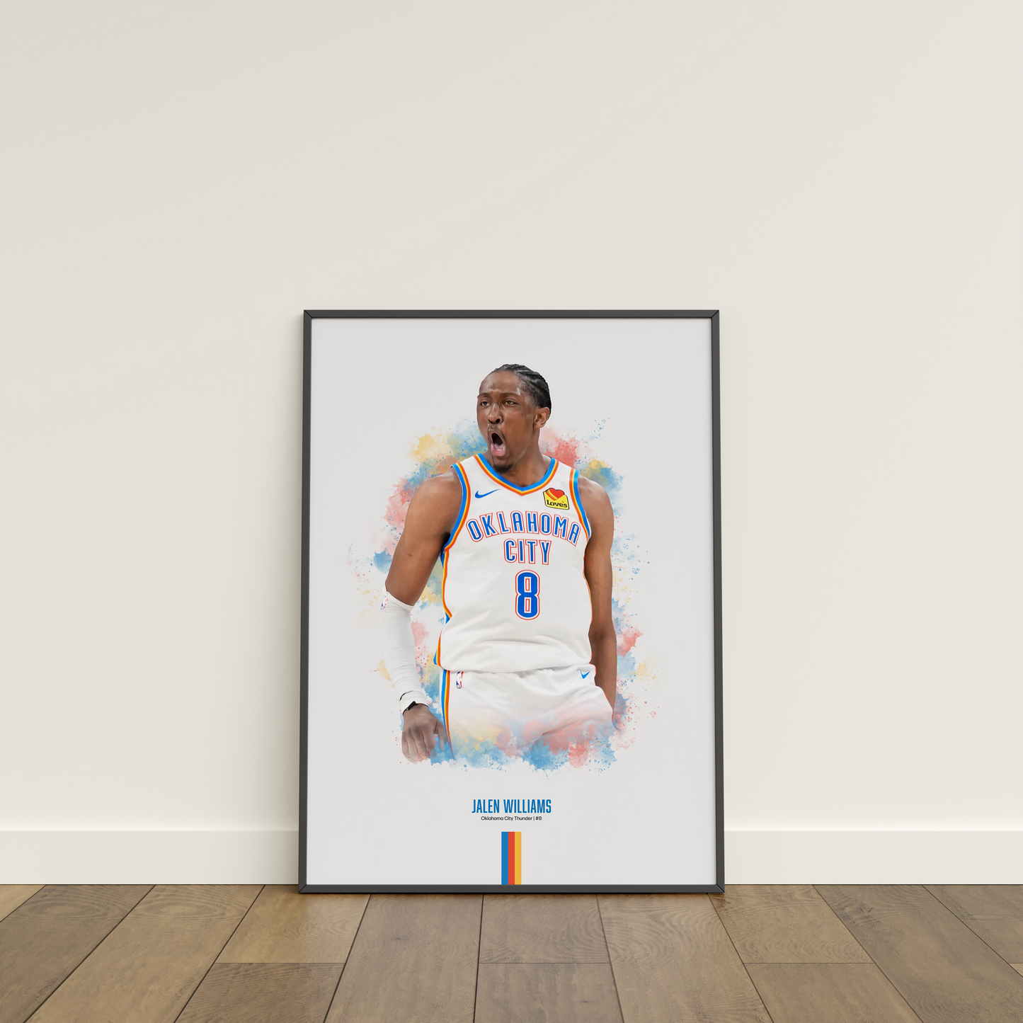 Framed poster of basketball player Jalen Williams wearing a Thunder jersey on a white wall.