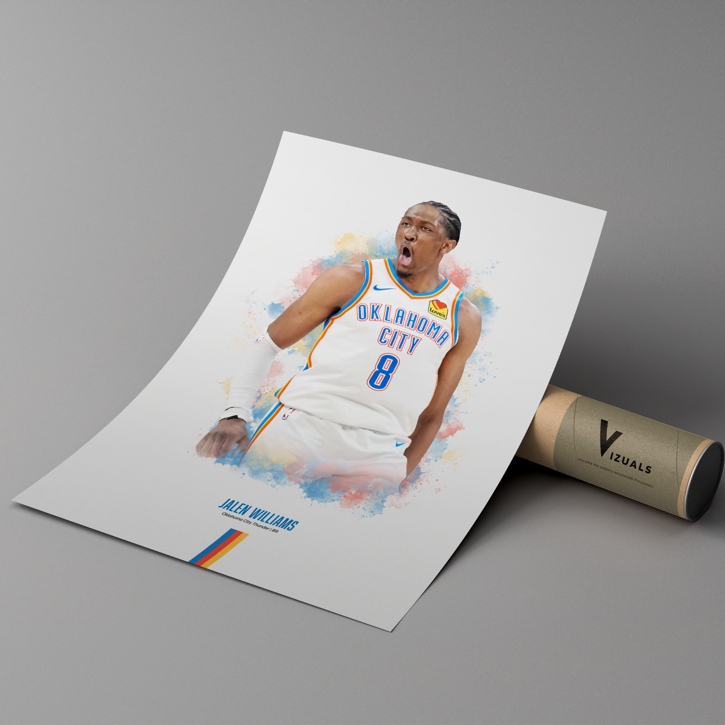 Poster of basketball player Jalen Williams wearing a Thunder jersey on a cardboard tube with 'Vizuals' branding.