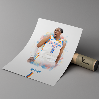 Poster of basketball player Jalen Williams wearing a Thunder jersey on a cardboard tube with 'Vizuals' branding.