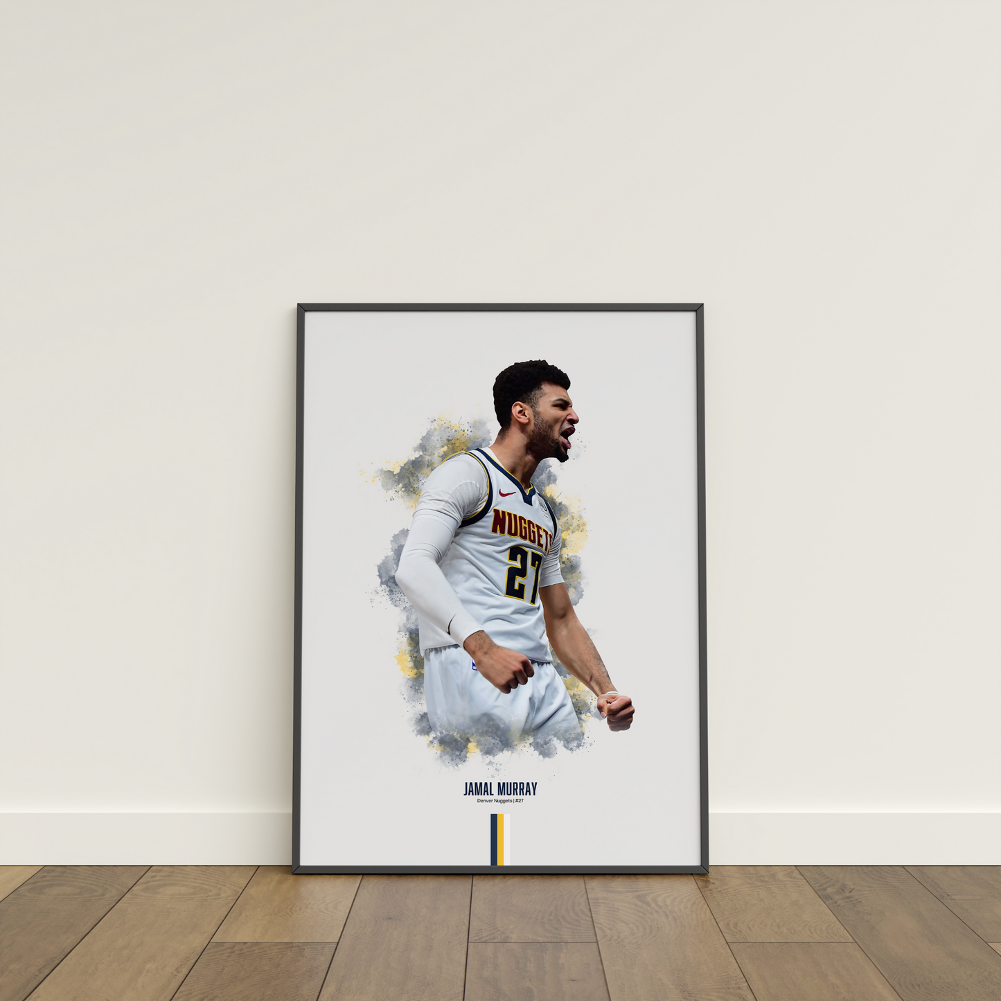 framed poster mockup leaning on a white wall. poster of basketball player jamal murray celebrating for the Denver Nuggets.
