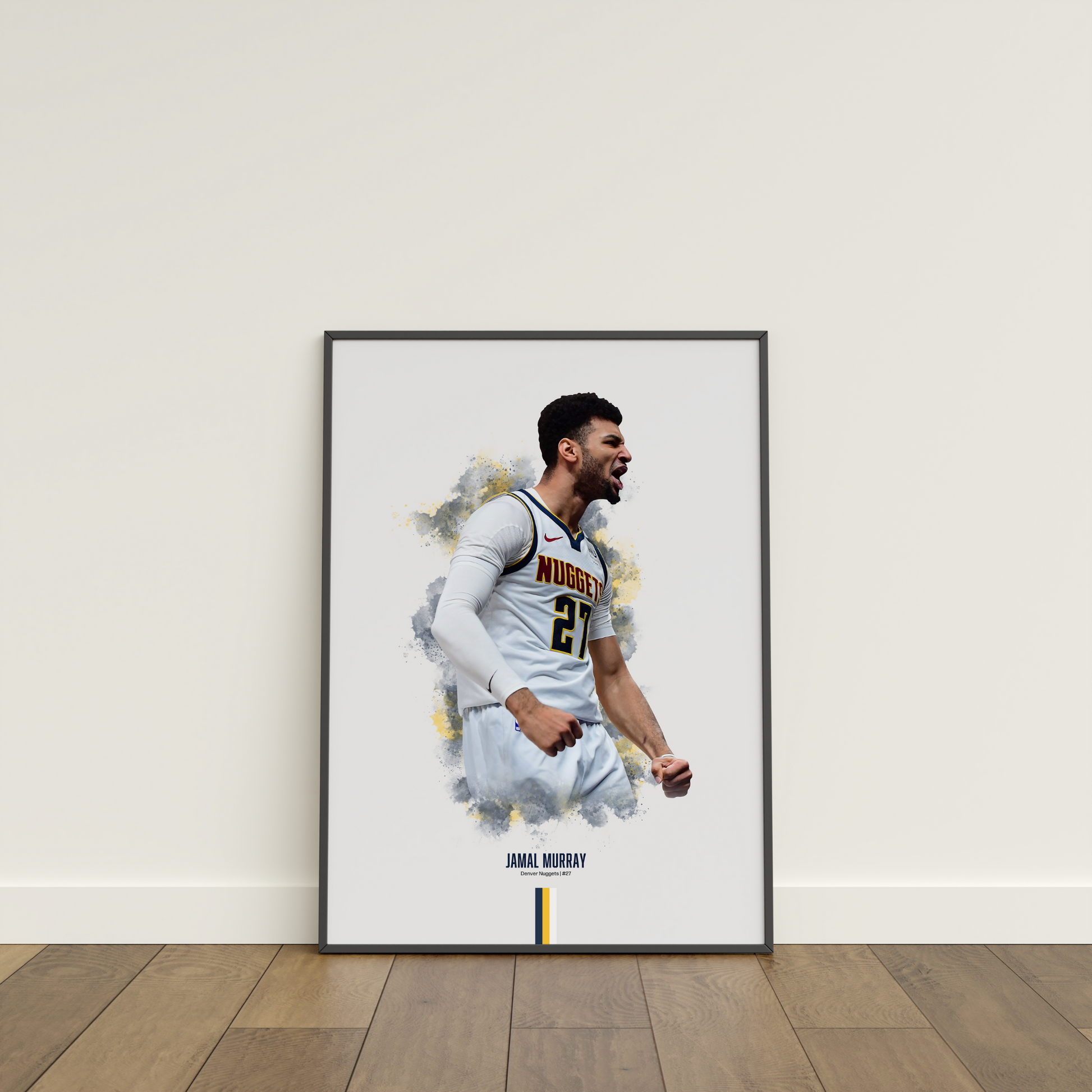 framed poster mockup leaning on a white wall. poster of basketball player jamal murray celebrating for the Denver Nuggets.