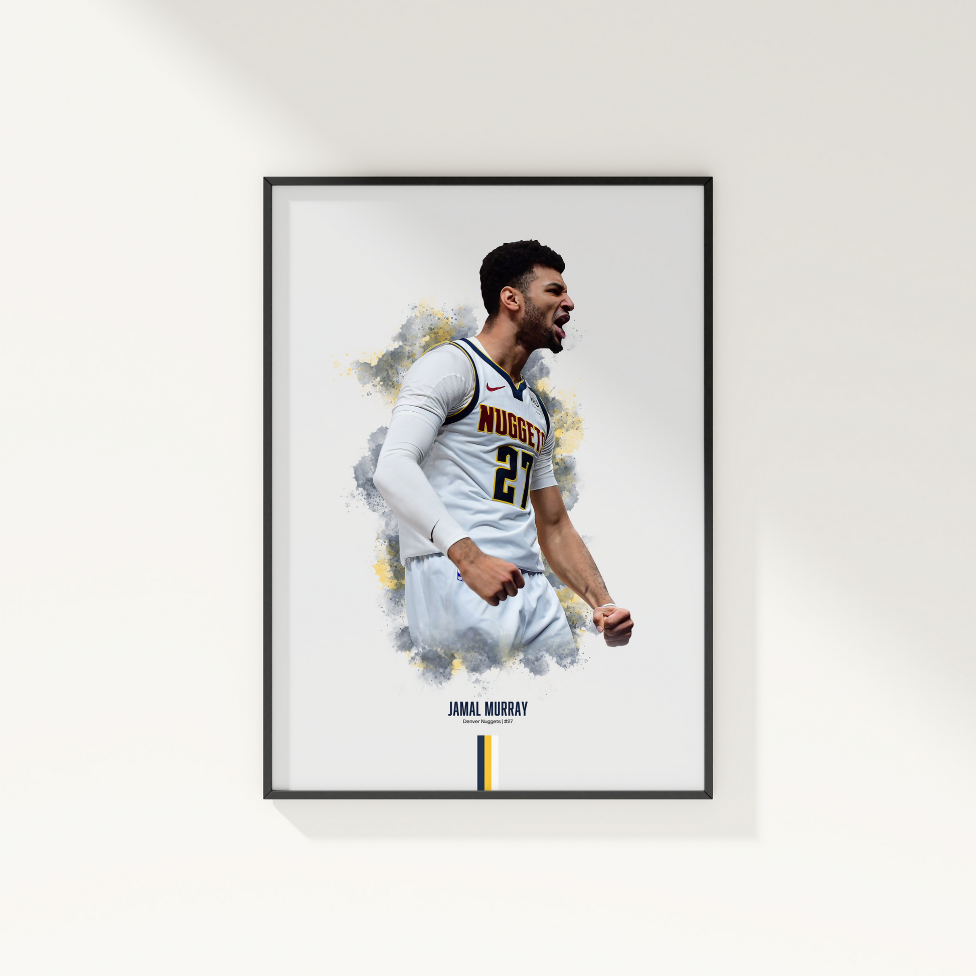 framed poster mockup hanging on a white wall. poster of basketball player jamal murray celebrating for the Denver Nuggets.