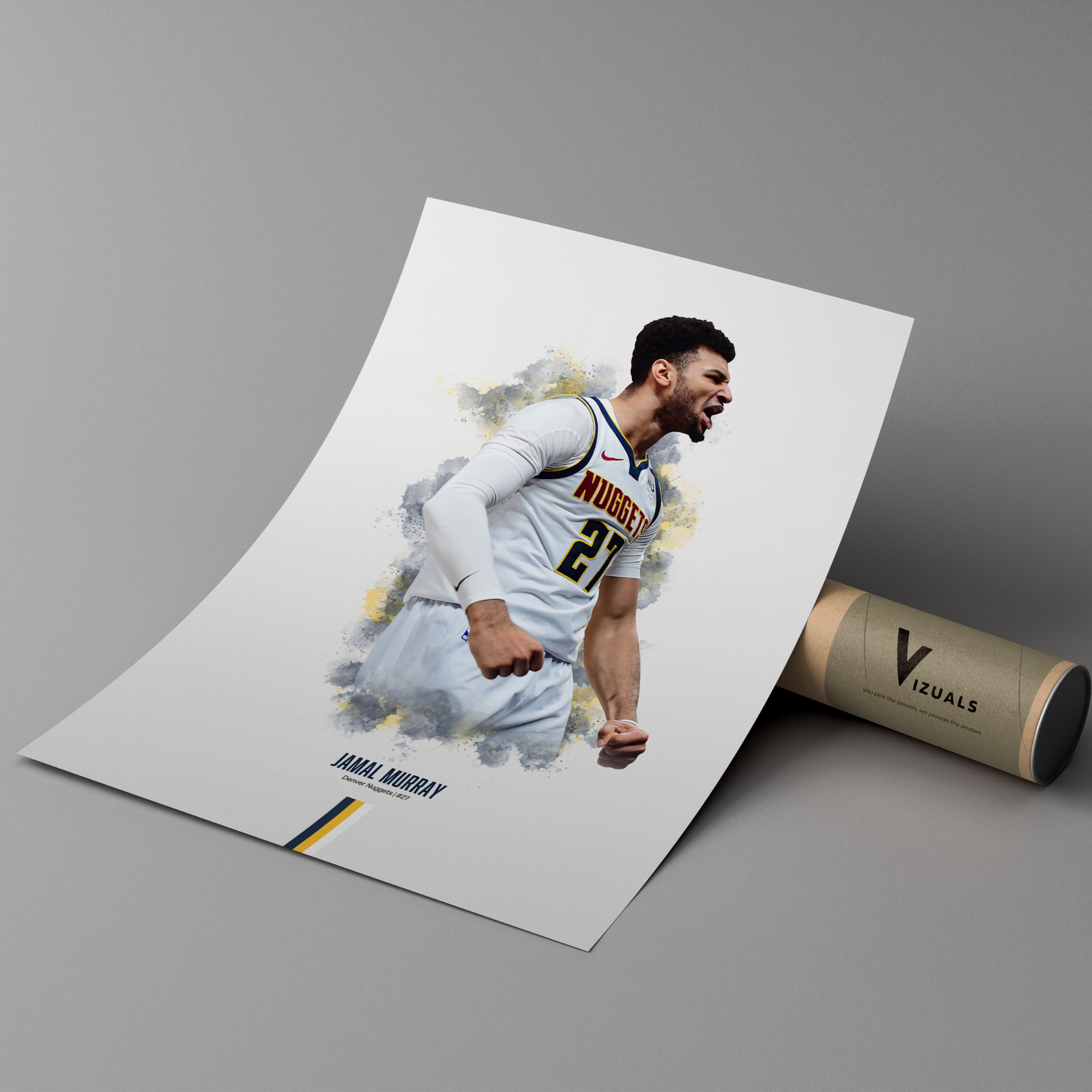 poster mockup leaning on a branded cardboard tube. poster of basketball player jamal murray celebrating for the Denver Nuggets.