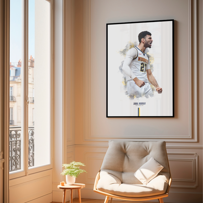 framed poster mockup hanging in a living room. poster of basketball player jamal murray celebrating for the Denver Nuggets.