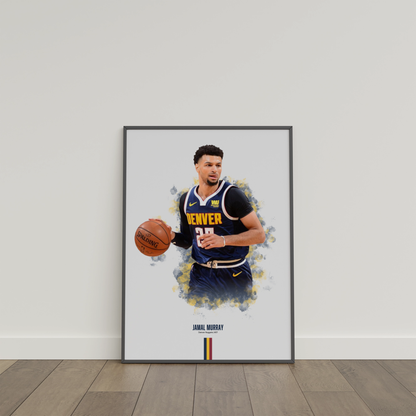 framed poster mockup of basketball player jamal murray leaning on a white wall