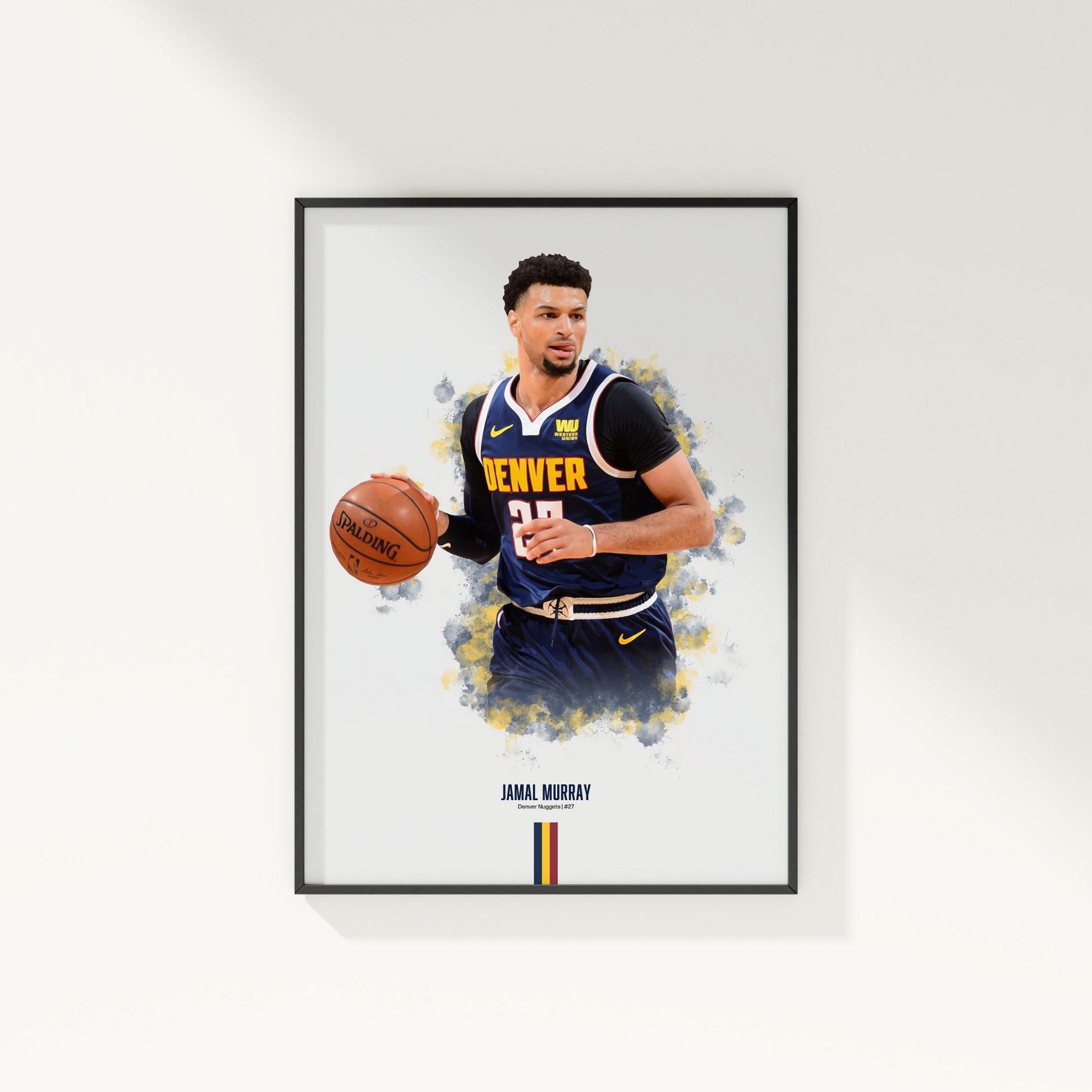 framed poster mockup of basketball player jamal murray hanging on a white wall