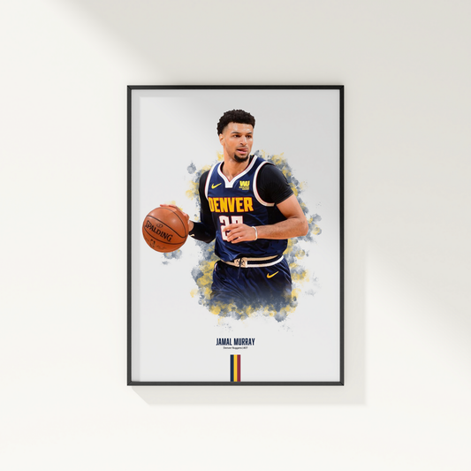 framed poster mockup of basketball player jamal murray hanging on a white wall