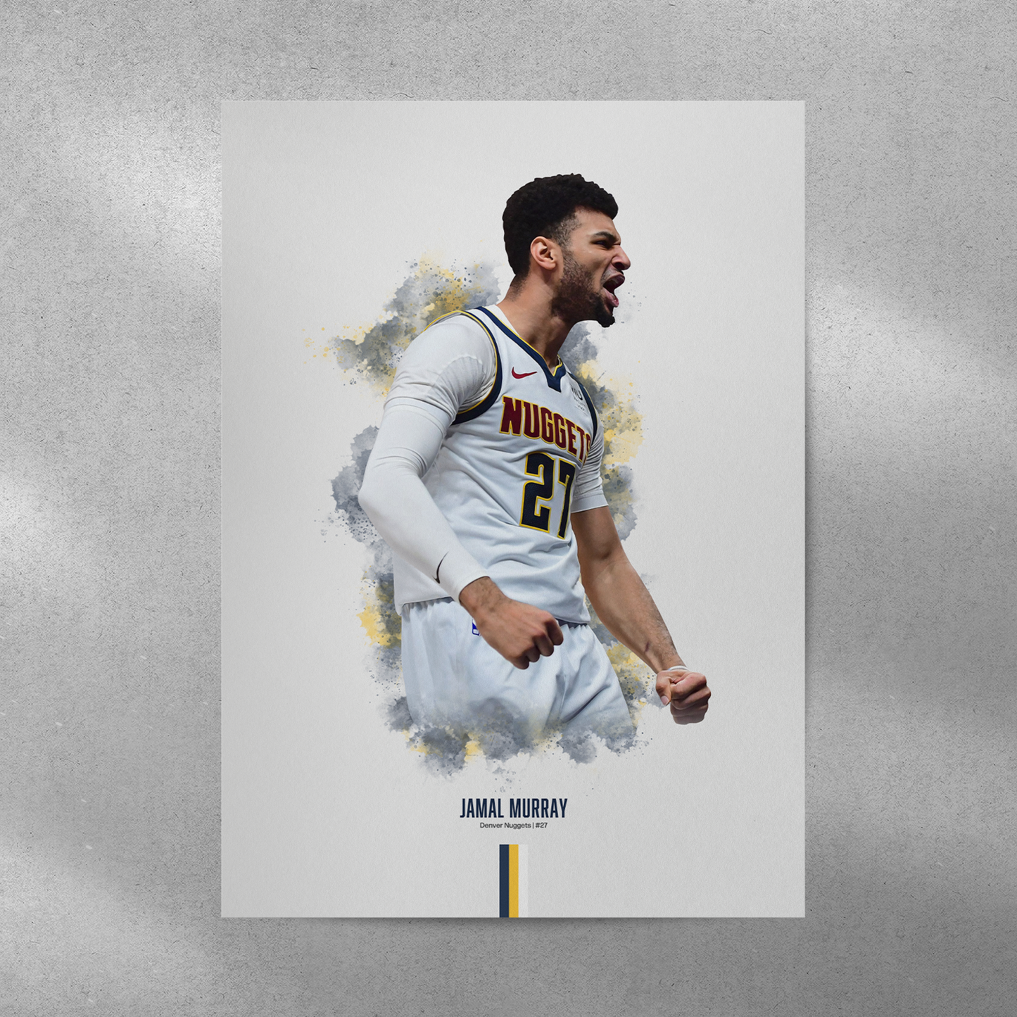 poster mockup on a grey wall. poster of basketball player jamal murray celebrating for the Denver Nuggets.