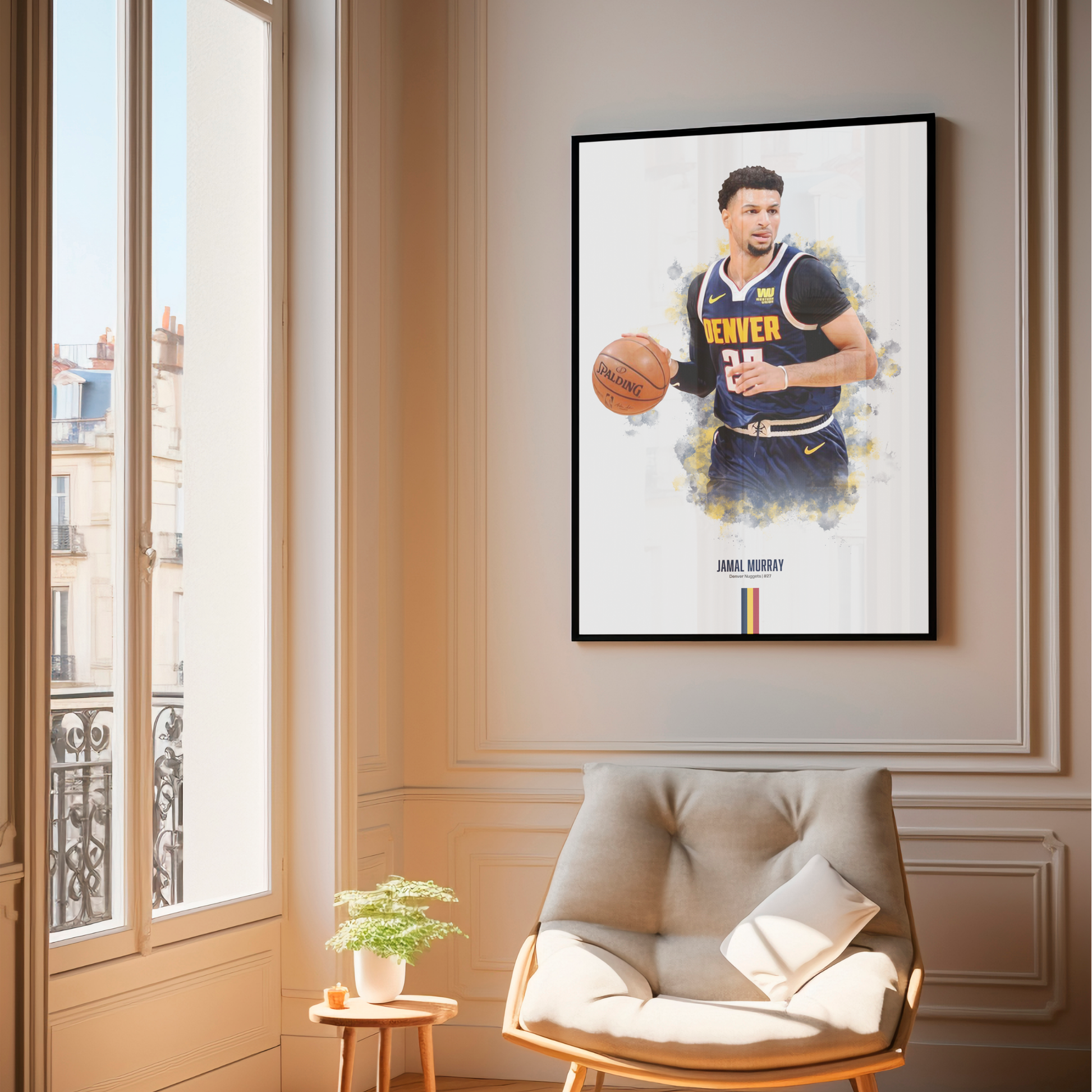 framed poster mockup of basketball player jamal murray hanging in a living room