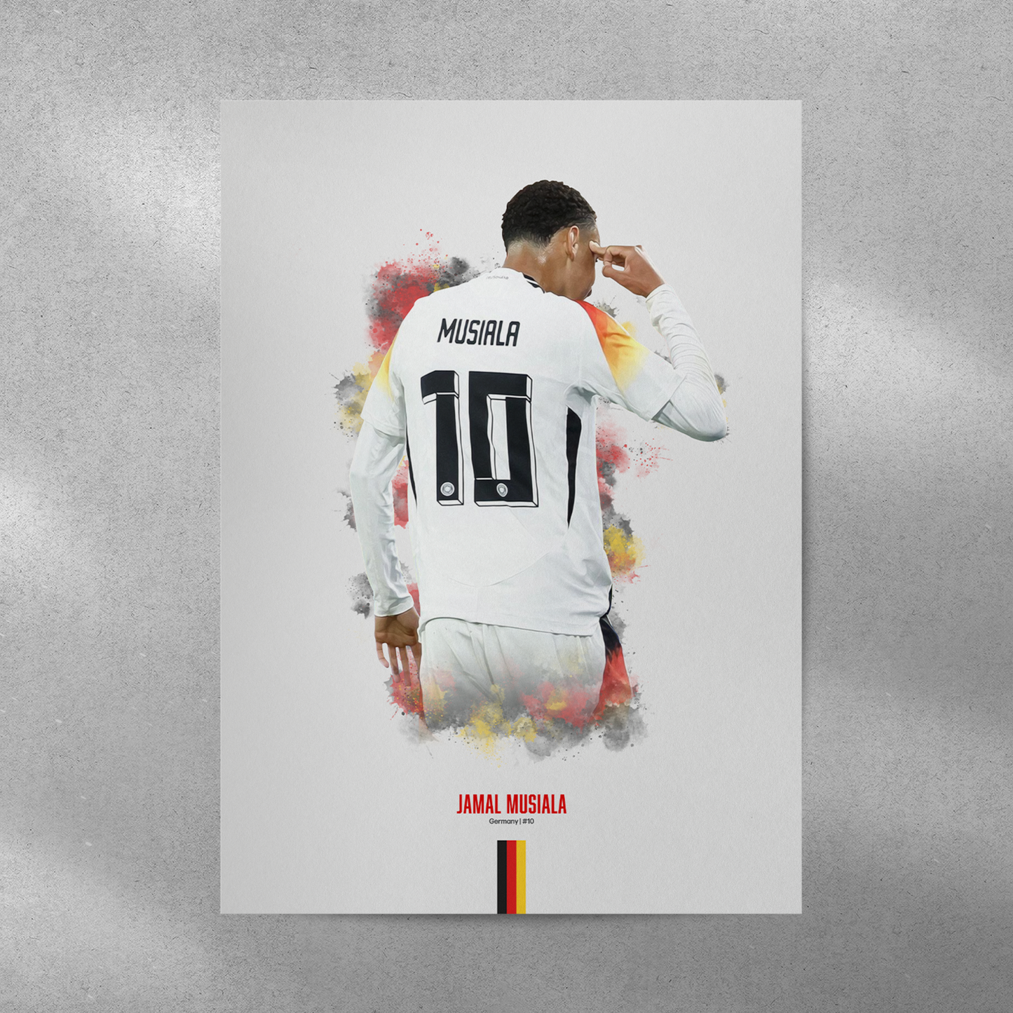 poster mockup of football player jamal musiala on a grey wall