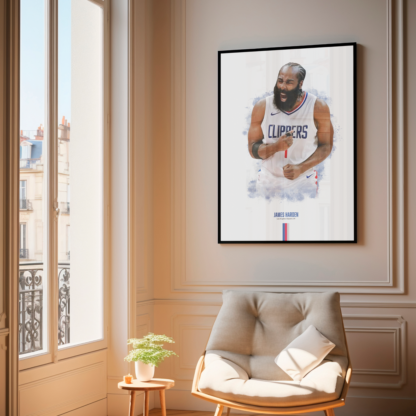 framed poster mockup of basketball player james harden hanging in a living room