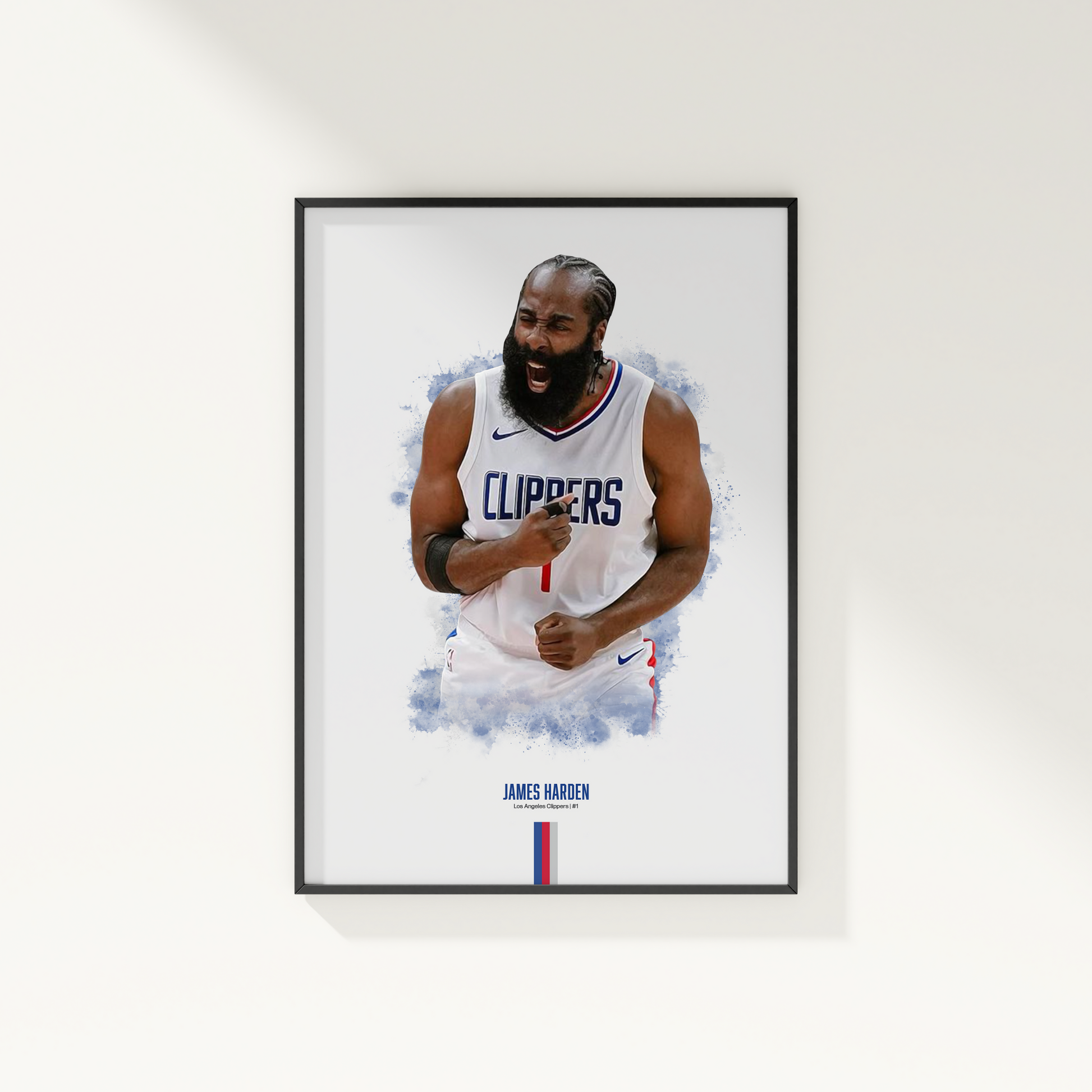 framed poster mockup of basketball player james harden hanging on a white wall