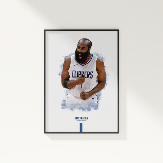 framed poster mockup of basketball player james harden hanging on a white wall