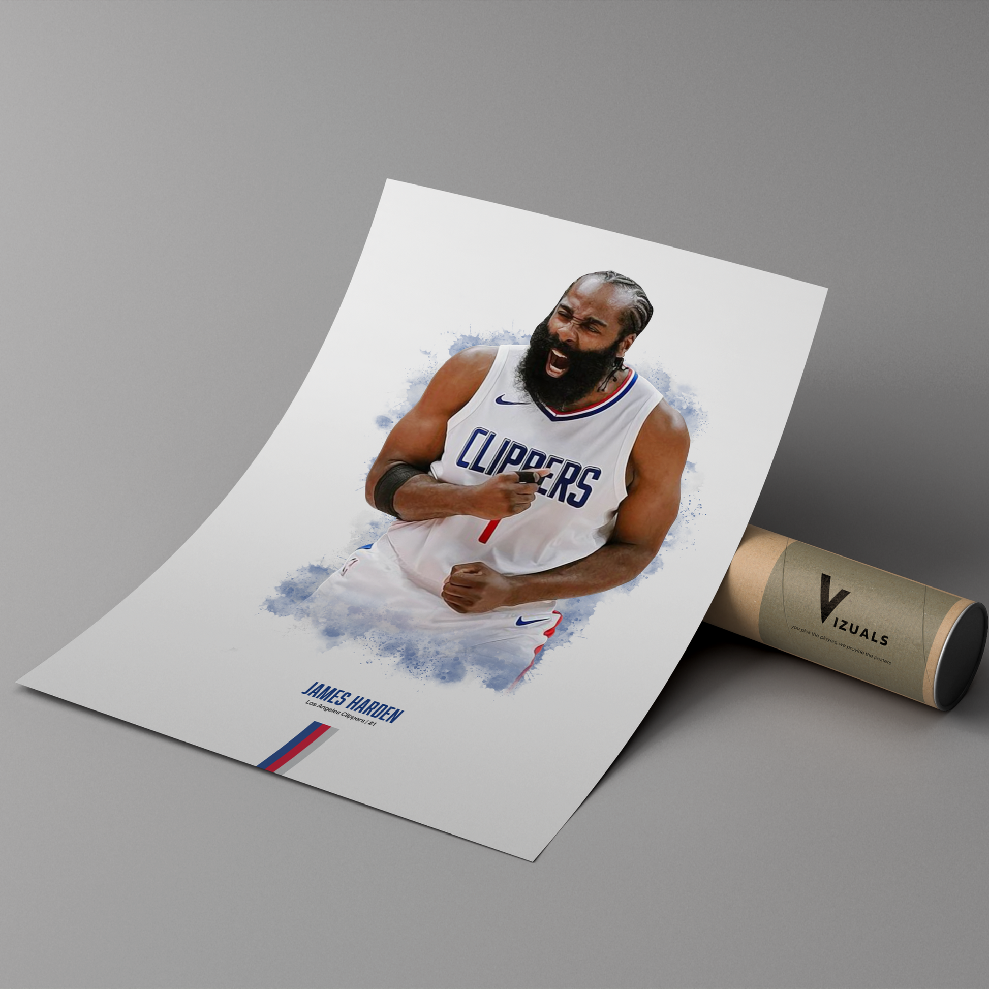 poster mockup of basketball player james harden leaning on a cardboard tube