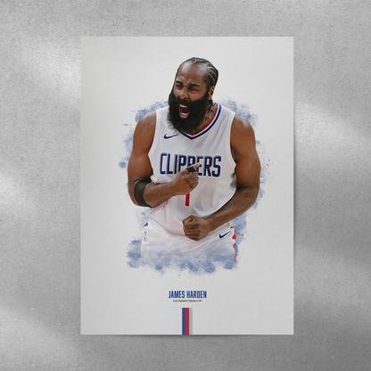 poster mockup of basketball player james harden on a grey wall