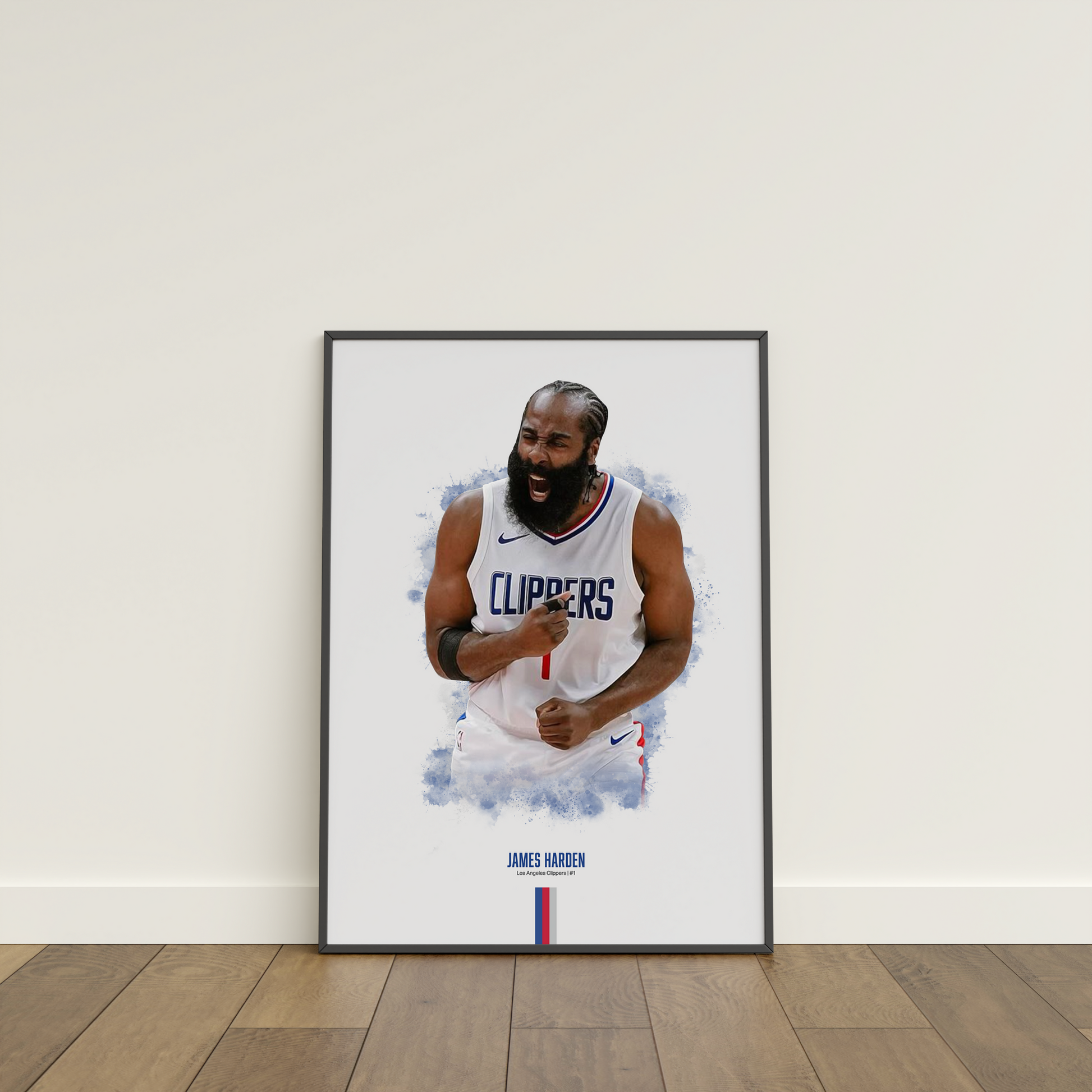 framed poster mockup of basketball player james harden leaning on a white wall