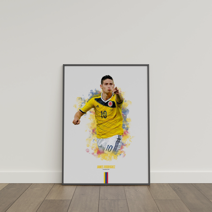 framed poster mockup of soccer player james rodriguez leaning on a white wall