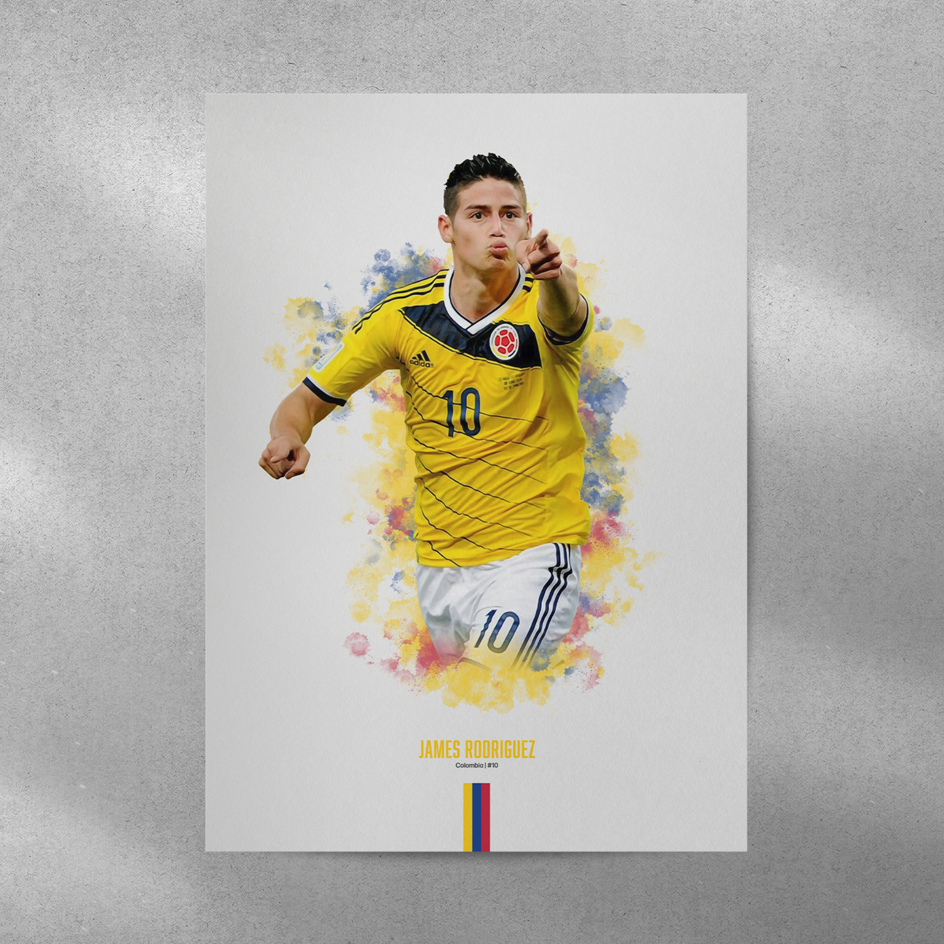 poster mockup of soccer player james rodriguez on a grey wall